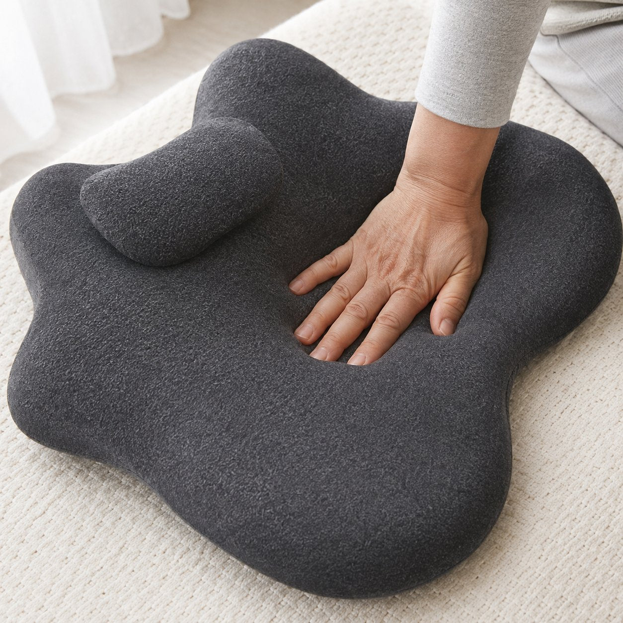 Hand pressing into the memory foam of the Pomence Couples Comfort Pillow
