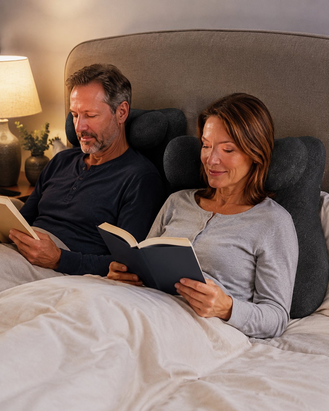 Couple relaxing together in bed with the Pomence Couples Comfort Pillow