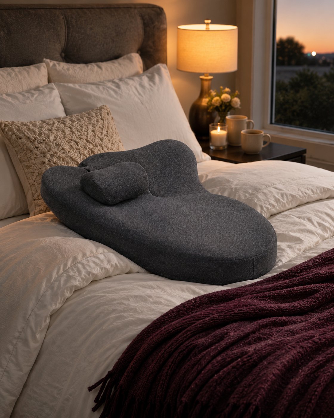 Pomence Couples Comfort Pillow styled on a made bed for a couple's bedroom