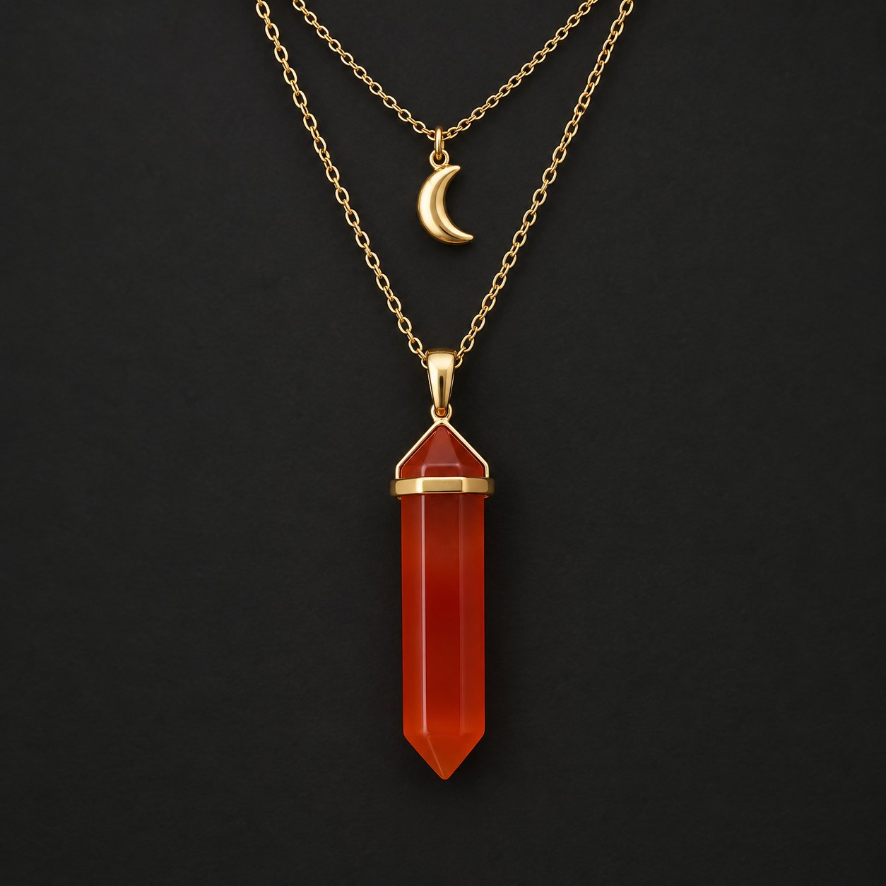 The Pomence Carnelian Attraction Necklace laid out on a dark ground showing both chains and the carnelian point