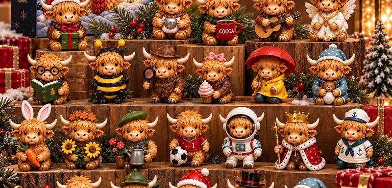 Highland cow figurines displayed together on a tiered shelf for the holiday countdown