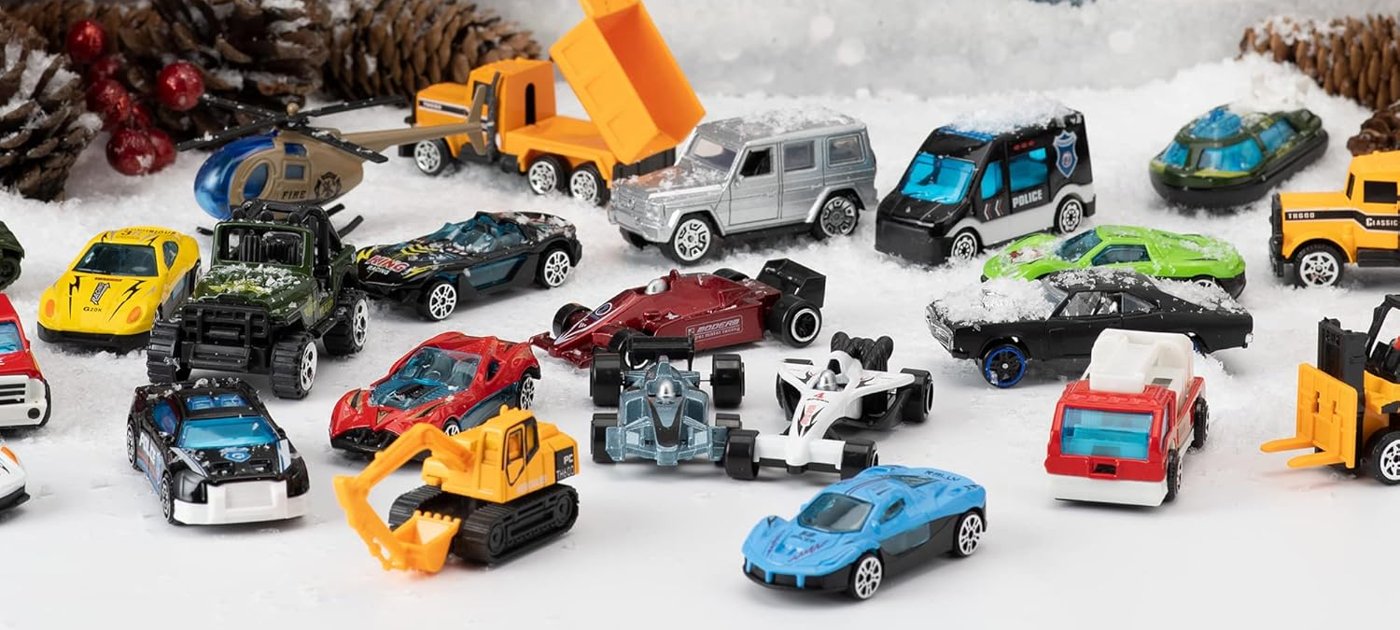 Die-cast vehicles displayed together, ready for the holiday countdown