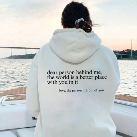 Dear Person Behind Me sweatshirt in white on a boat