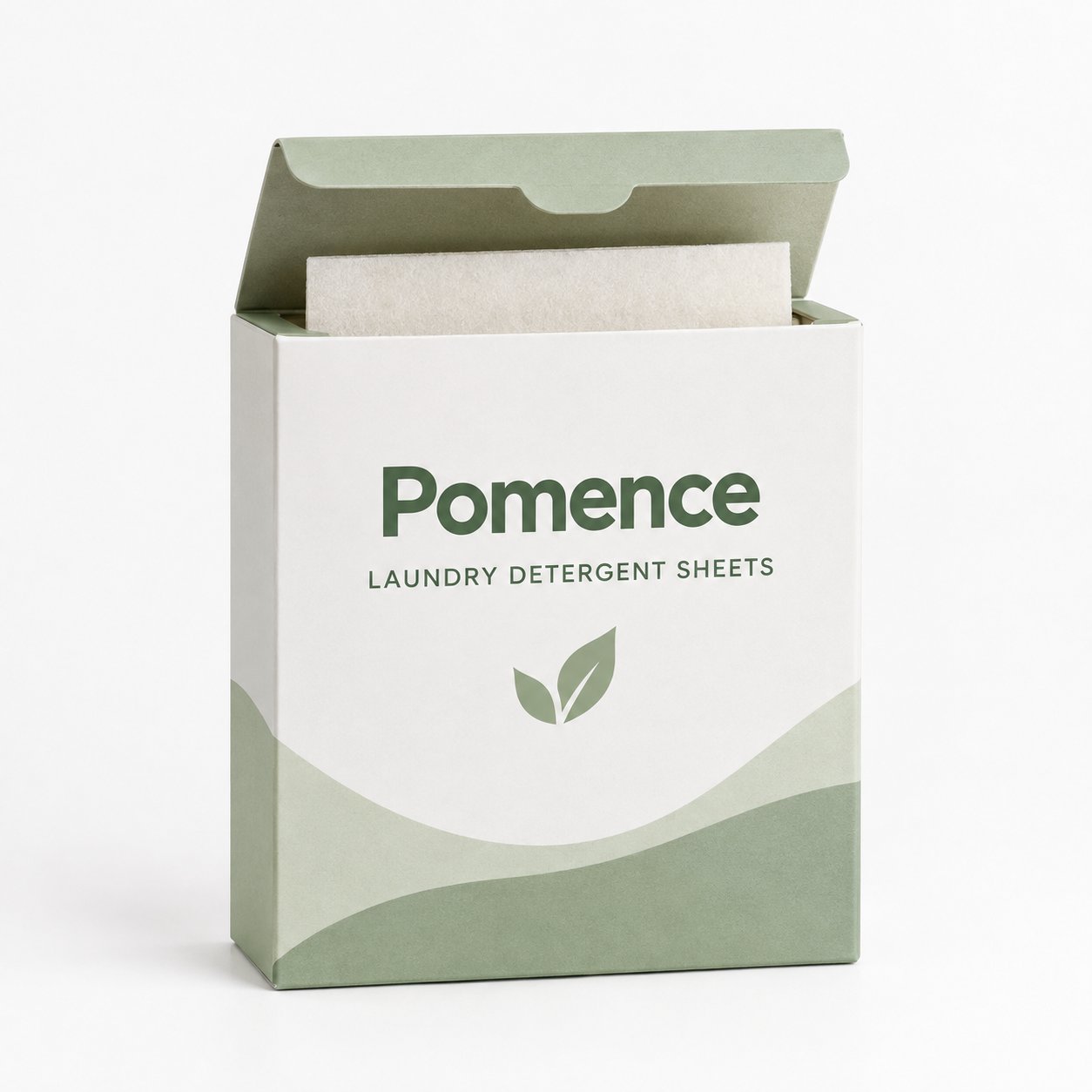 Pomence Laundry Detergent Sheets pack, open to show a sheet inside