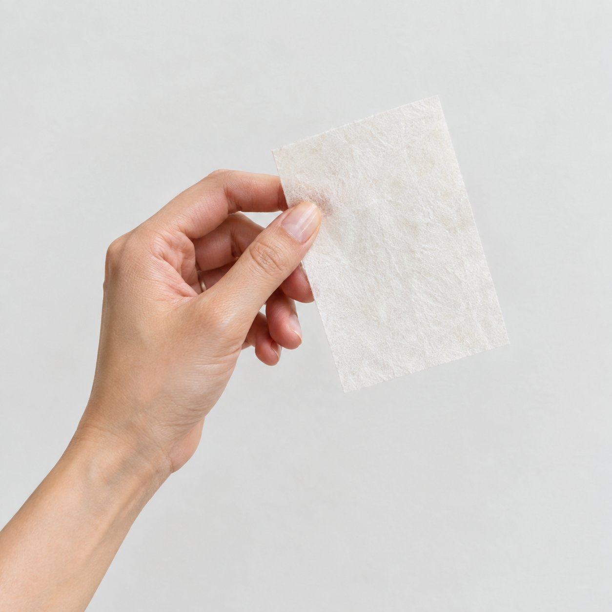 Holding up a single Pomence Laundry Detergent Sheet