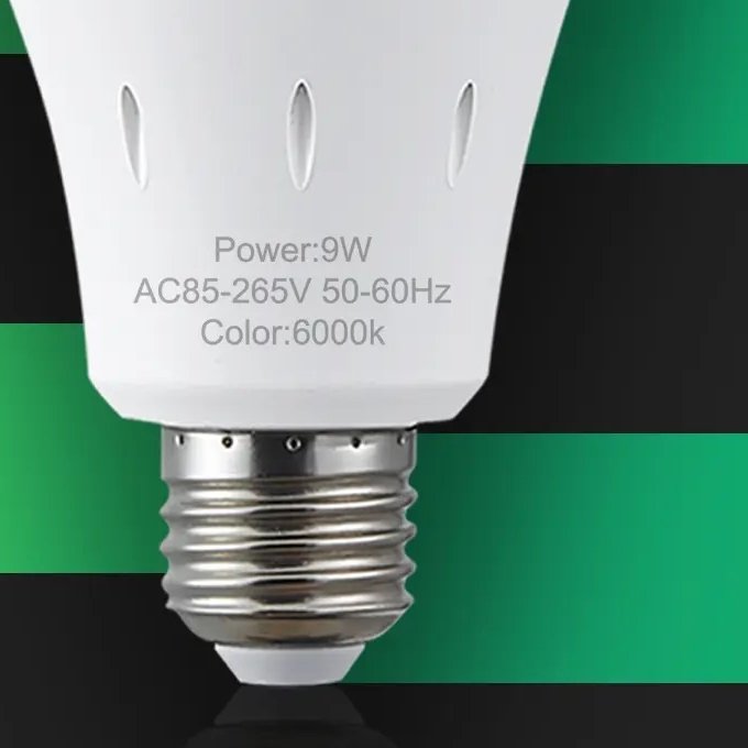 Close view of the bulb's E26 screw base and its 9W 6000K print