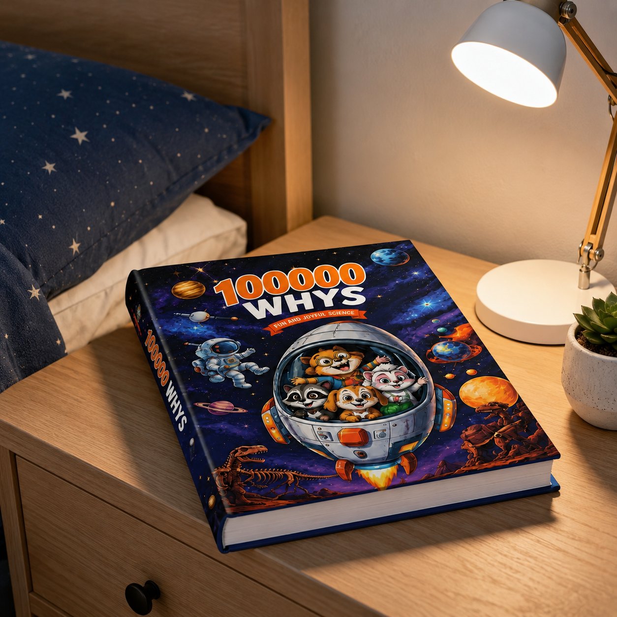 The Pomence Ultimate Encyclopedia of Whys resting on a nightstand in a tidy bedroom