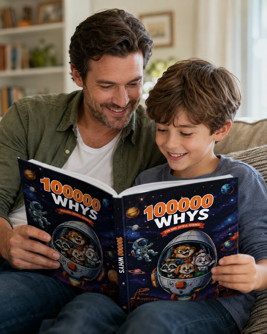 A parent and child reading the Pomence Ultimate Encyclopedia of Whys together