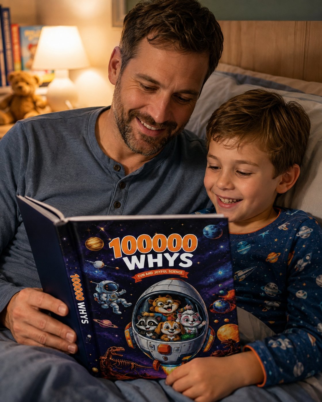 A parent and child reading the Pomence Ultimate Encyclopedia of Whys together at bedtime