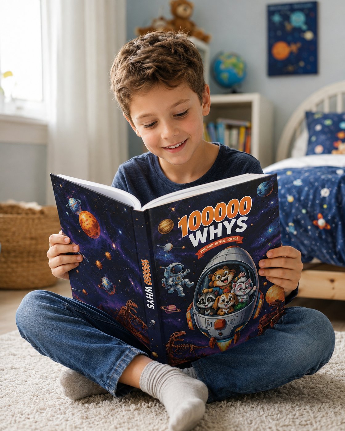A child happily reading the Pomence Ultimate Encyclopedia of Whys on their own