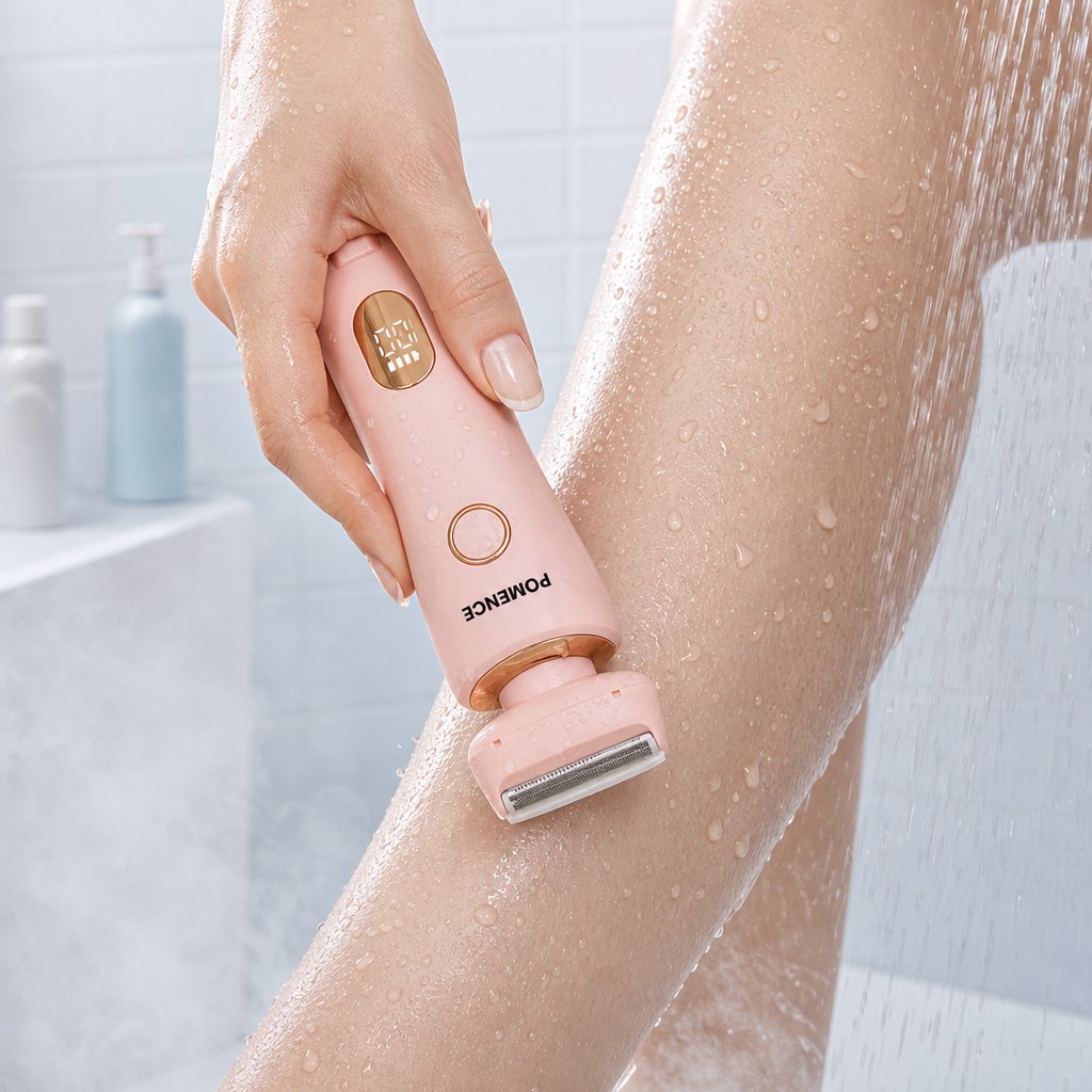 The Pomence Painless Hair Removal Shaver being used wet in the shower