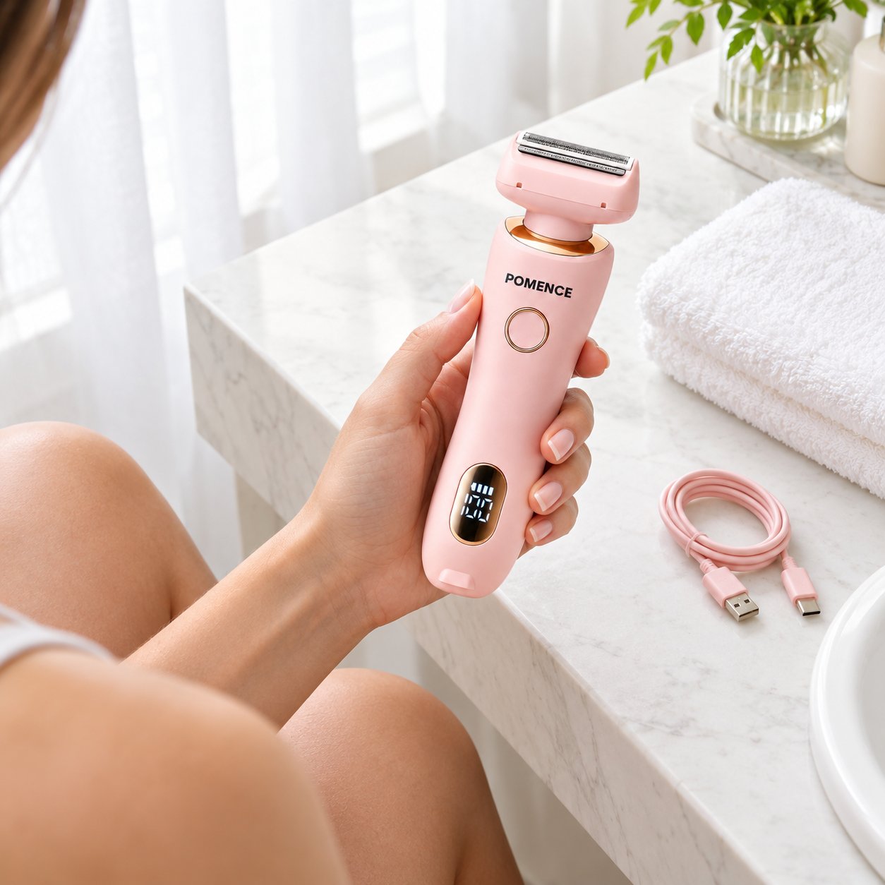 The Pomence Painless Hair Removal Shaver on a bathroom counter with its USB charging cable