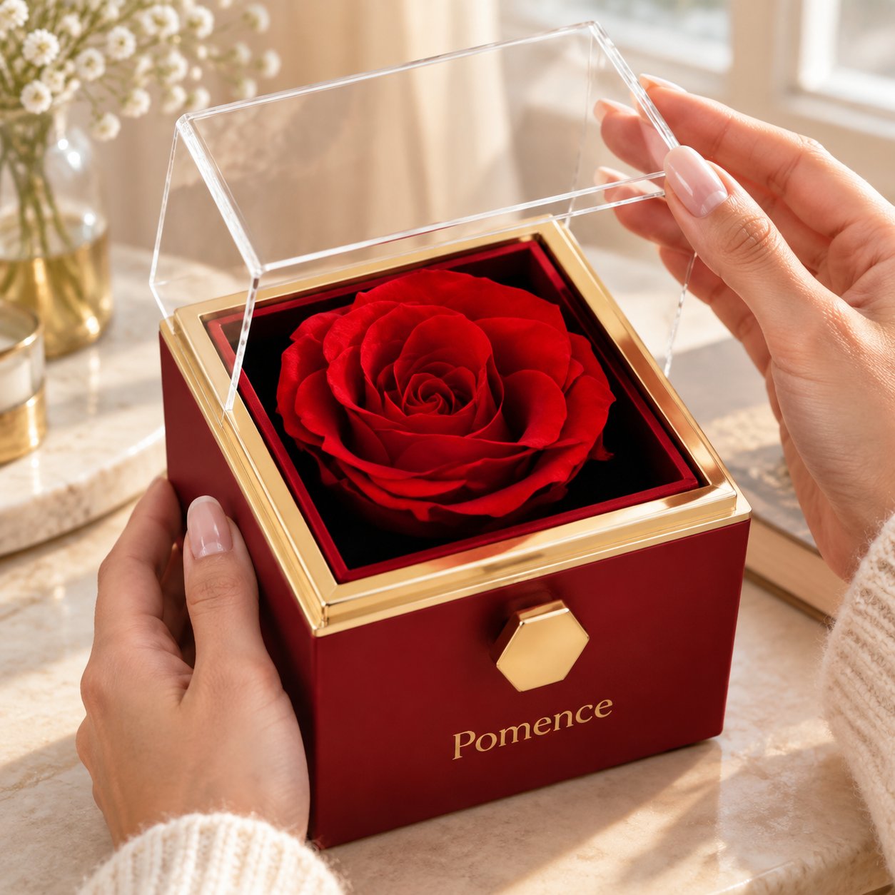 Red keepsake box with a preserved red rose under a clear lid