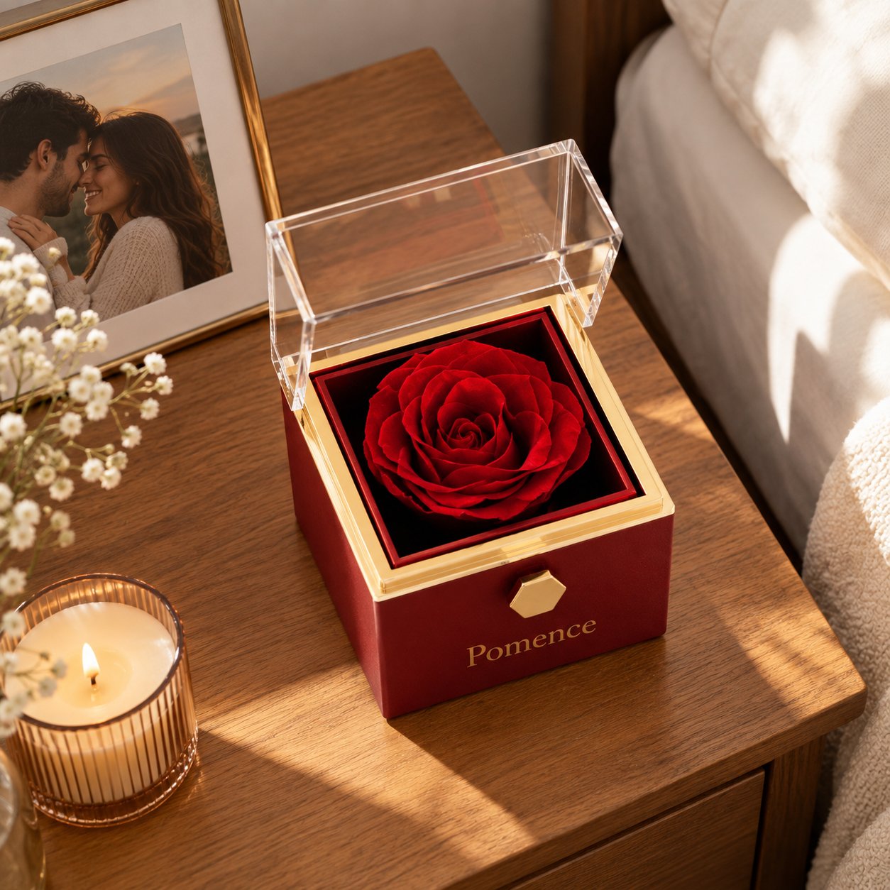 The rose box open, showing the necklace in its compartment
