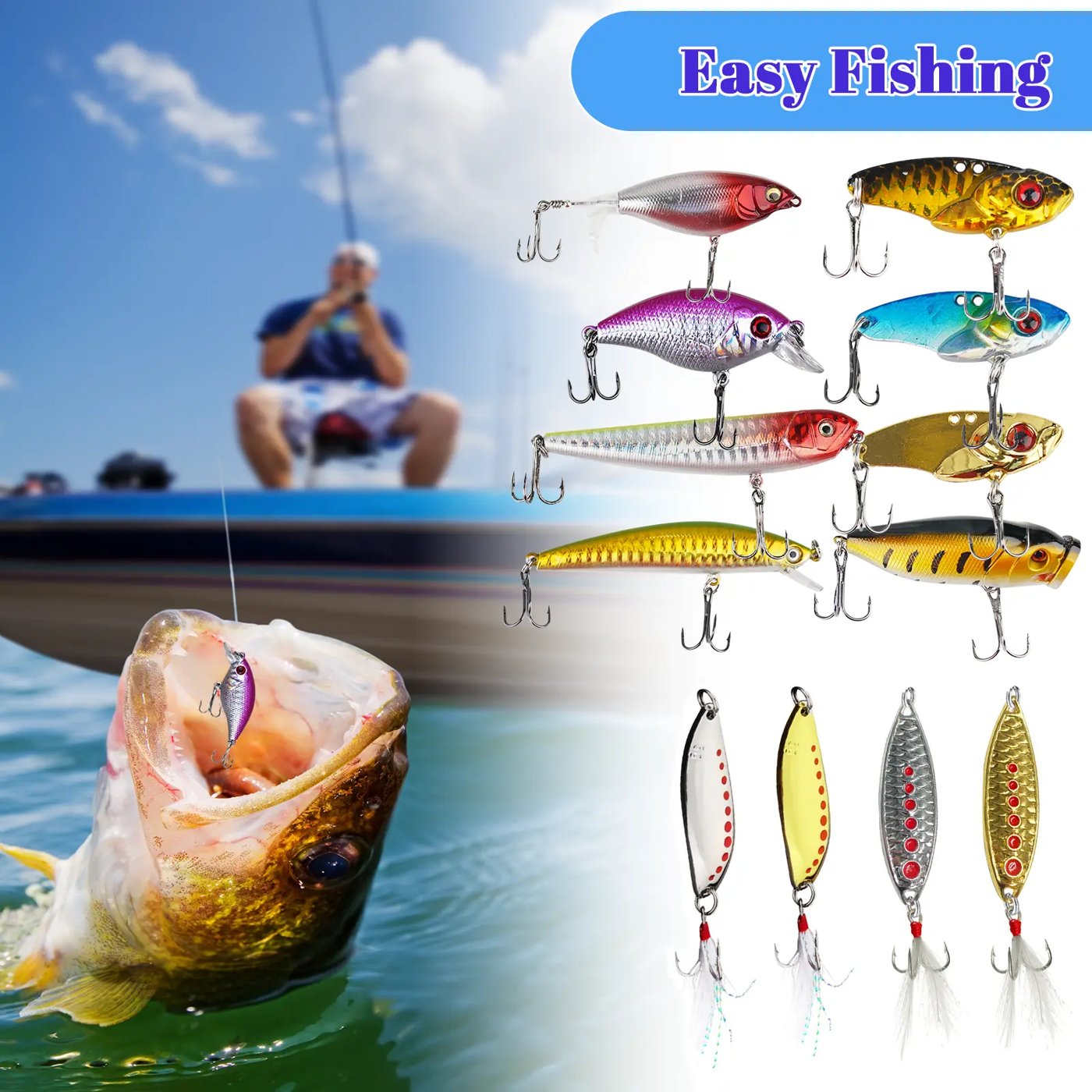 Easy fishing: angler on the water, a lure hooked in a fish, the full lure lineup