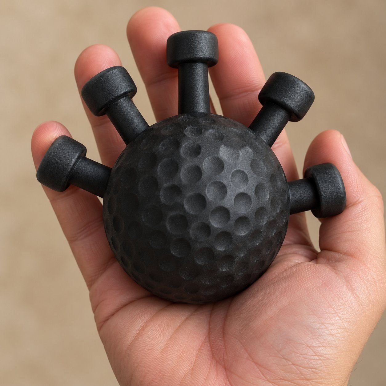 Macro of the five short pegs fanned out of the matte black Pomence Forearm Grip Trainer Ball, each peg ending in a small capped head