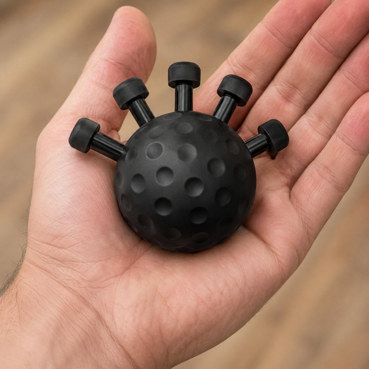 The matte black Pomence Forearm Grip Trainer Ball resting in an open adult palm, showing its palm size