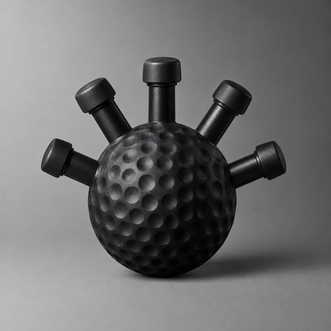 The matte black Pomence Forearm Grip Trainer Ball alone: round dimples across the surface and five short pegs, each with a small capped head