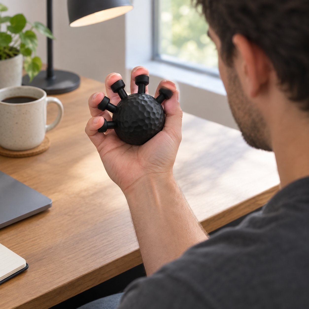 A man at a desk holding the matte black Pomence Forearm Grip Trainer Ball in one hand with his fingertips on the pegs