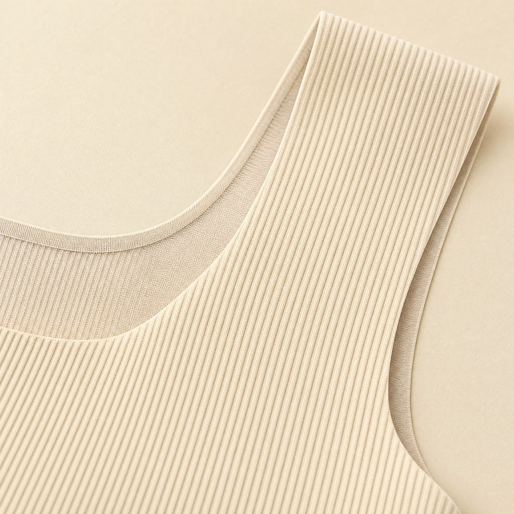 Close-up of the soft ribbed knit of the Pomence Front-Support Bra Tank