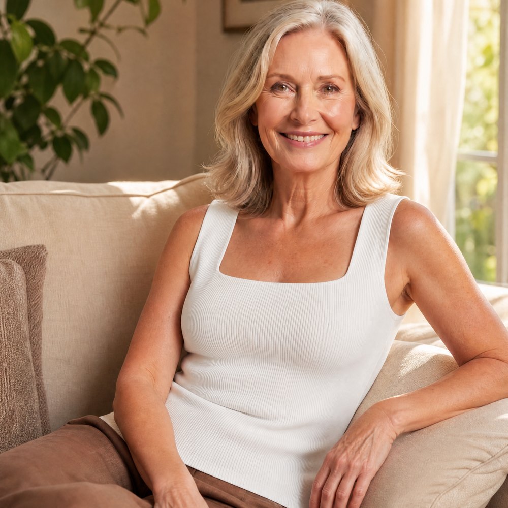 A woman relaxing on a sofa in the Pomence Front-Support Bra Tank in White