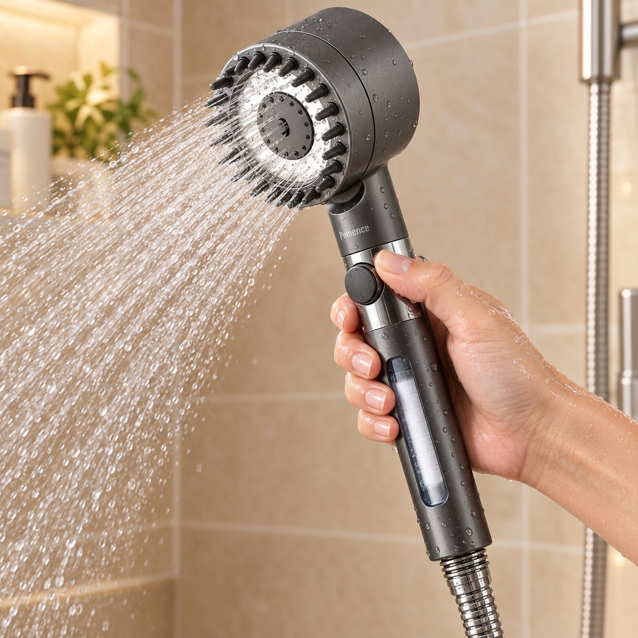 Handheld filtered shower head with the filter visible through the handle