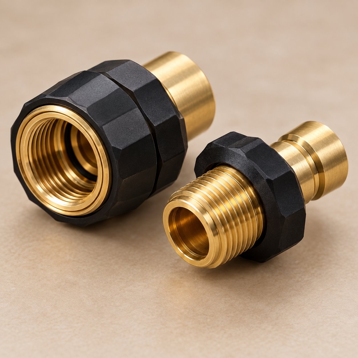 The gold tone aluminum female socket showing the threaded opening.
