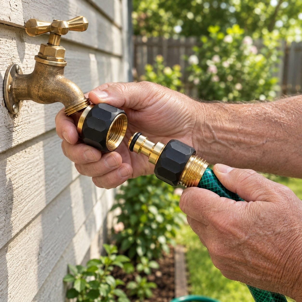 A hand clicking the gold tone quick connect pieces together on a garden hose.