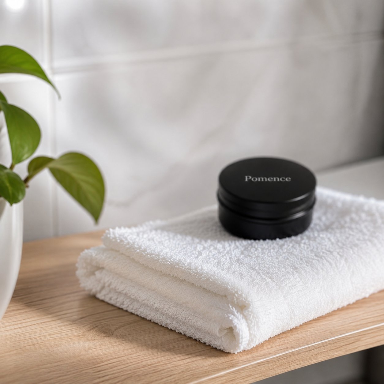 Calm bathroom shelf with the Pomence Gray Hair Soap Bar tin