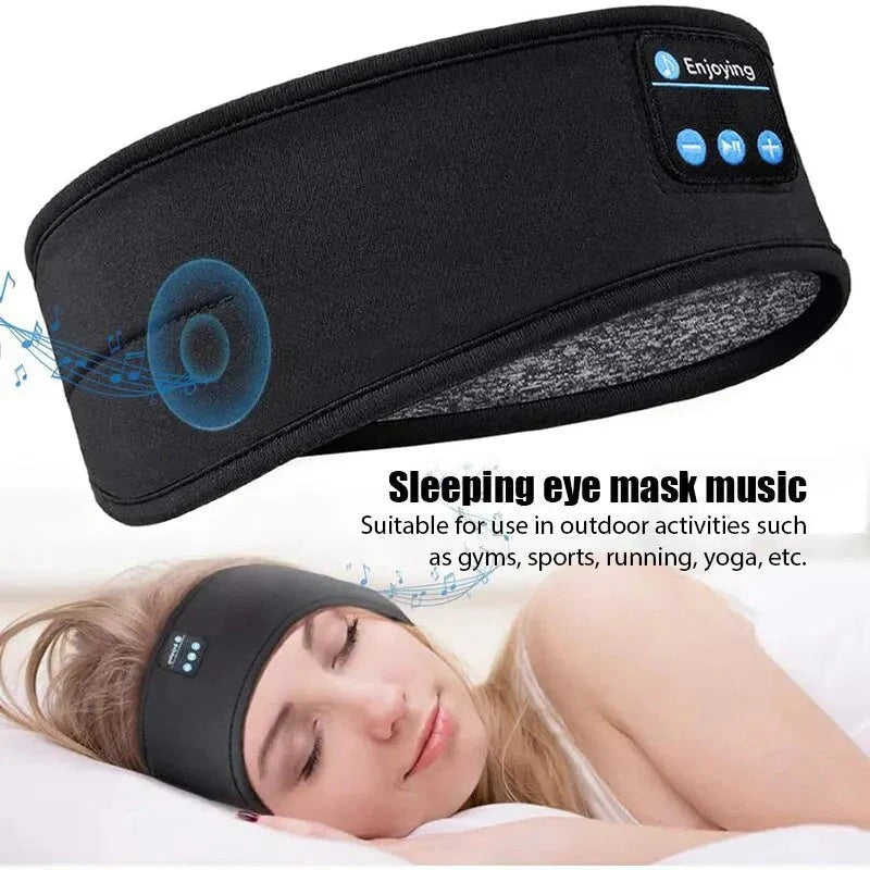 Bluetooth Sleep Headband in black, worn as a sleep eye mask with music