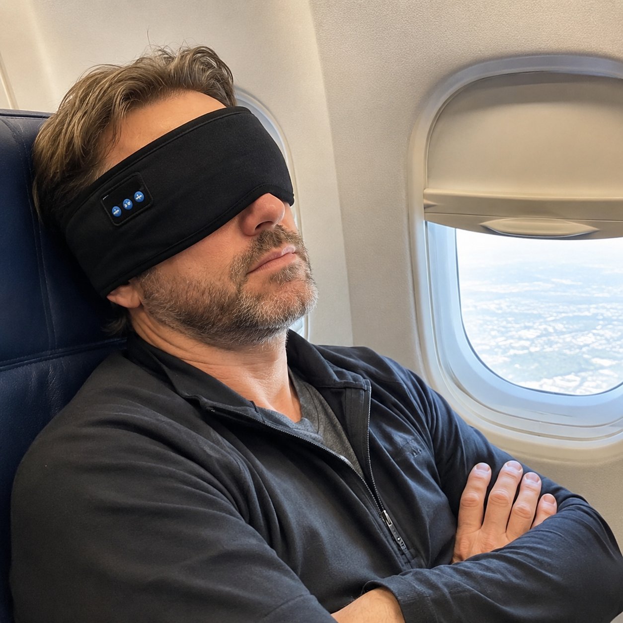 Man resting on a plane wearing the headband over his eyes