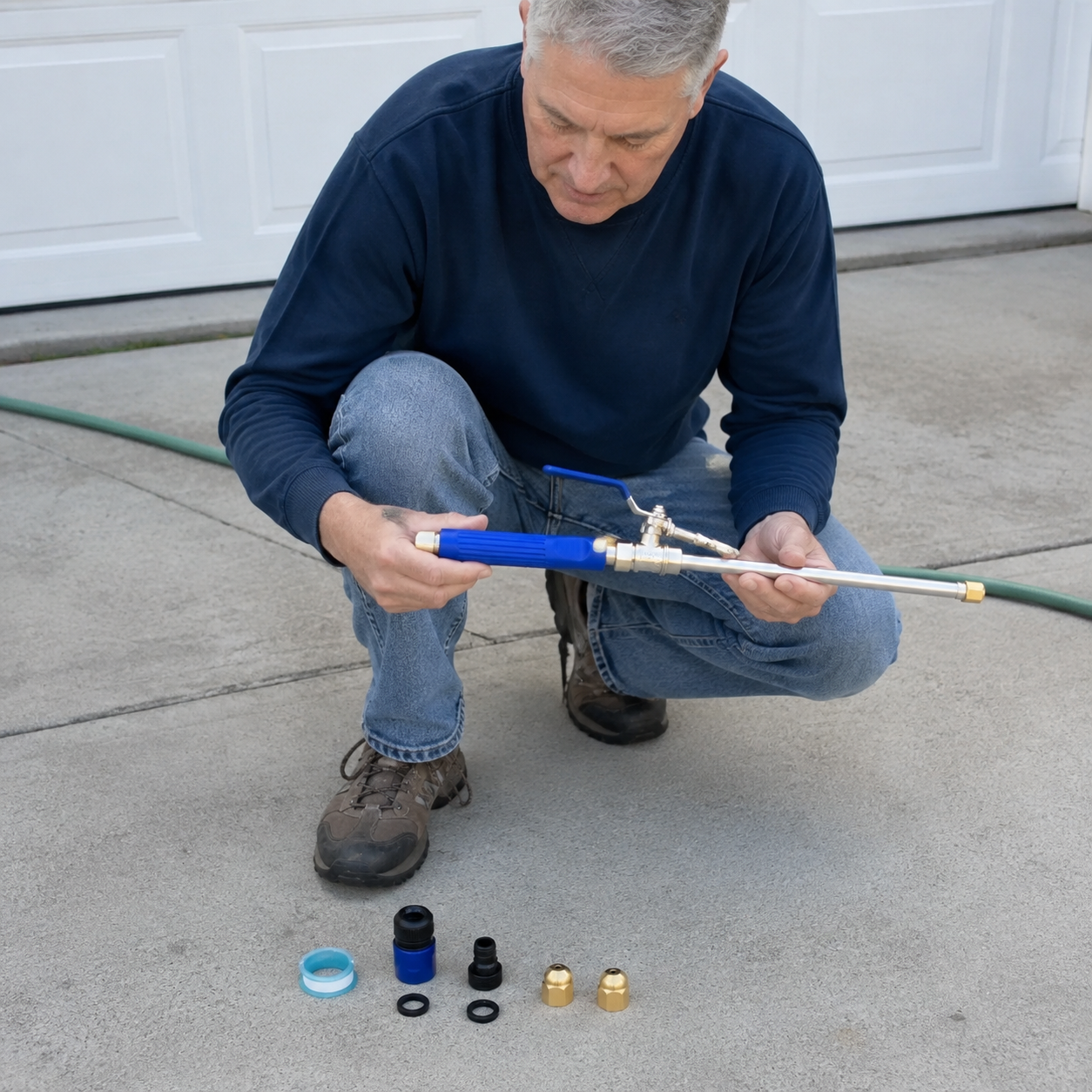 A man using JetHose on a driveway in bright daylight