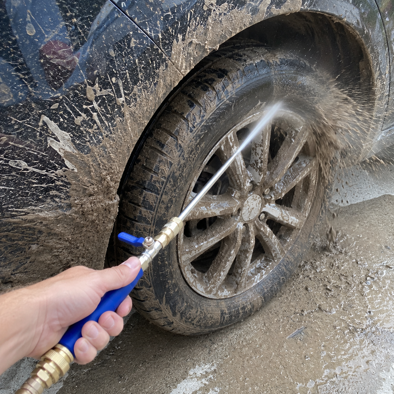 JetHose rinsing mud off a car wheel arch