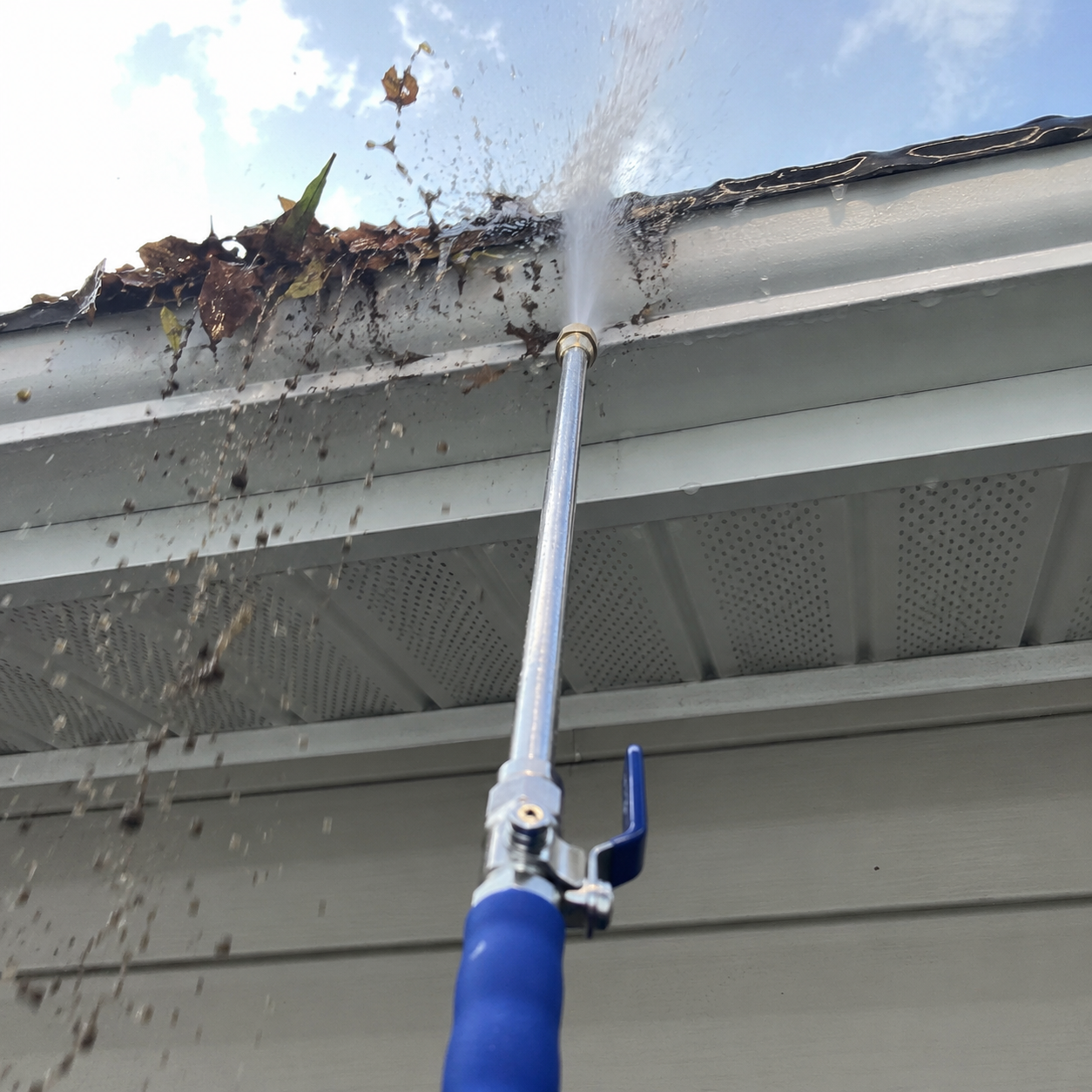 JetHose clearing leaves out of a roof gutter from the ground