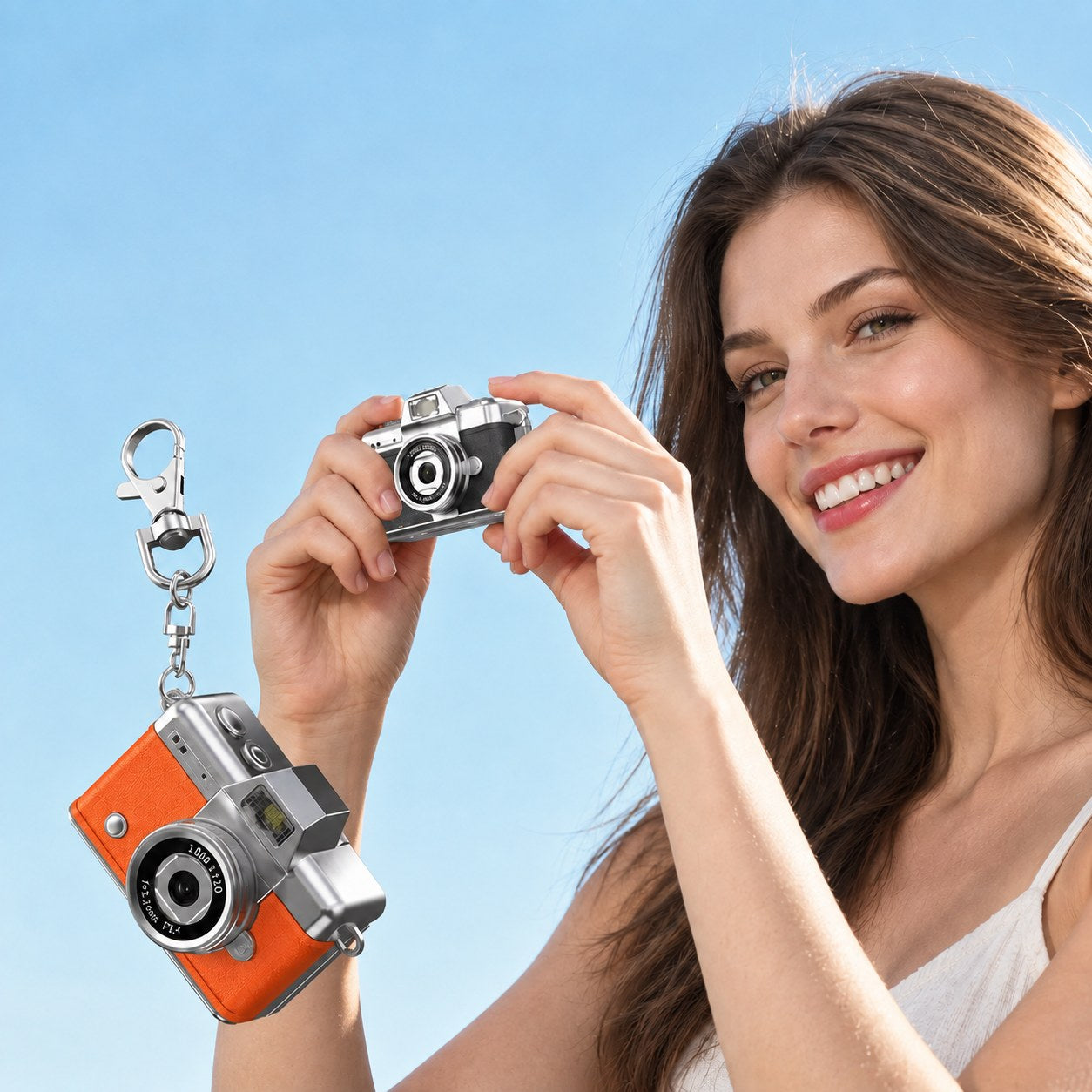 A woman taking a photo with the Pomence Mini Keychain Camera, a second one hanging from a lobster clasp keychain
