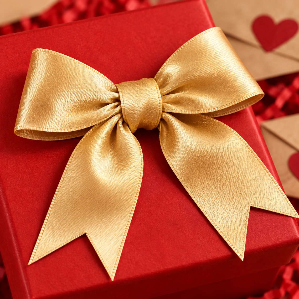 Macro of the gold satin ribbon bow on the lid of the Pomence Love Notes Gift Box