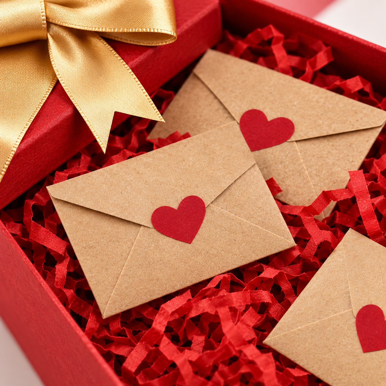 Macro of red shredded paper filler inside the Pomence Love Notes Gift Box