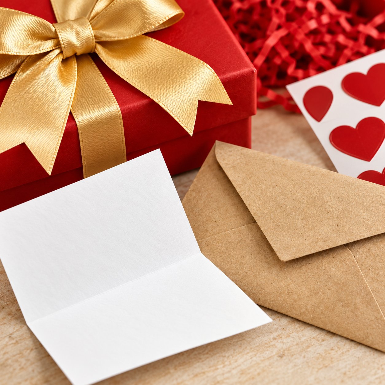 Macro of a blank white note paper beside a kraft envelope from the Pomence Love Notes Gift Box