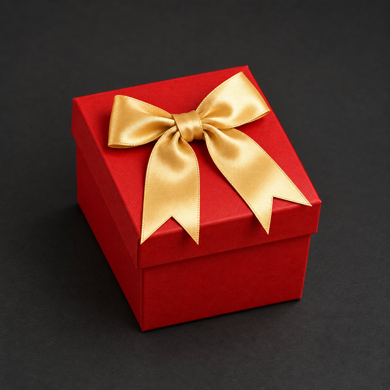 The closed red Pomence Love Notes Gift Box with its gold bow on a dark ground
