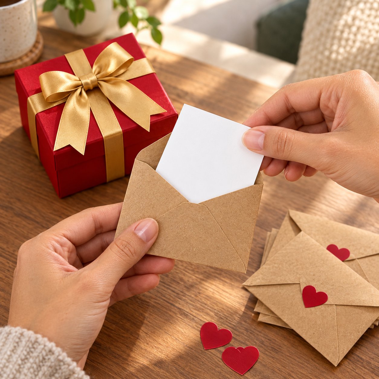 Hands folding a blank white note paper into one kraft envelope from the Pomence Love Notes Gift Box