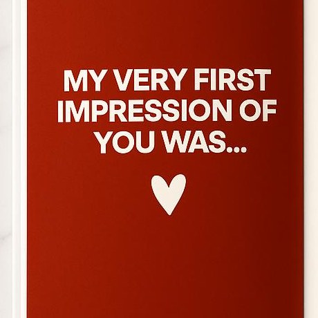 A red prompt page of the Pomence journal reading My very first impression of you was, with a cream heart