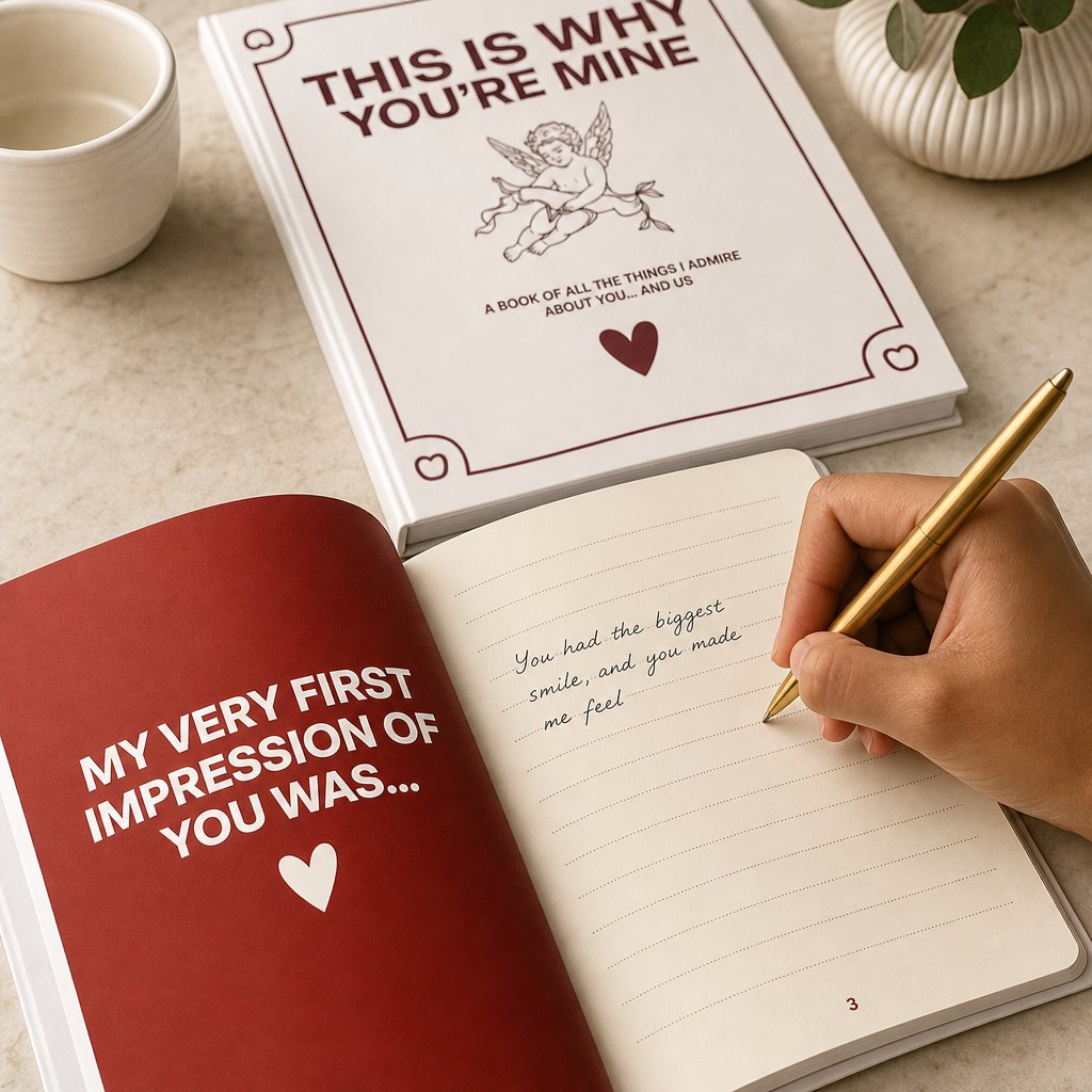 A hand writing with a gold pen in the open Pomence This Is Why I Love You Journal, a red prompt page on the facing side