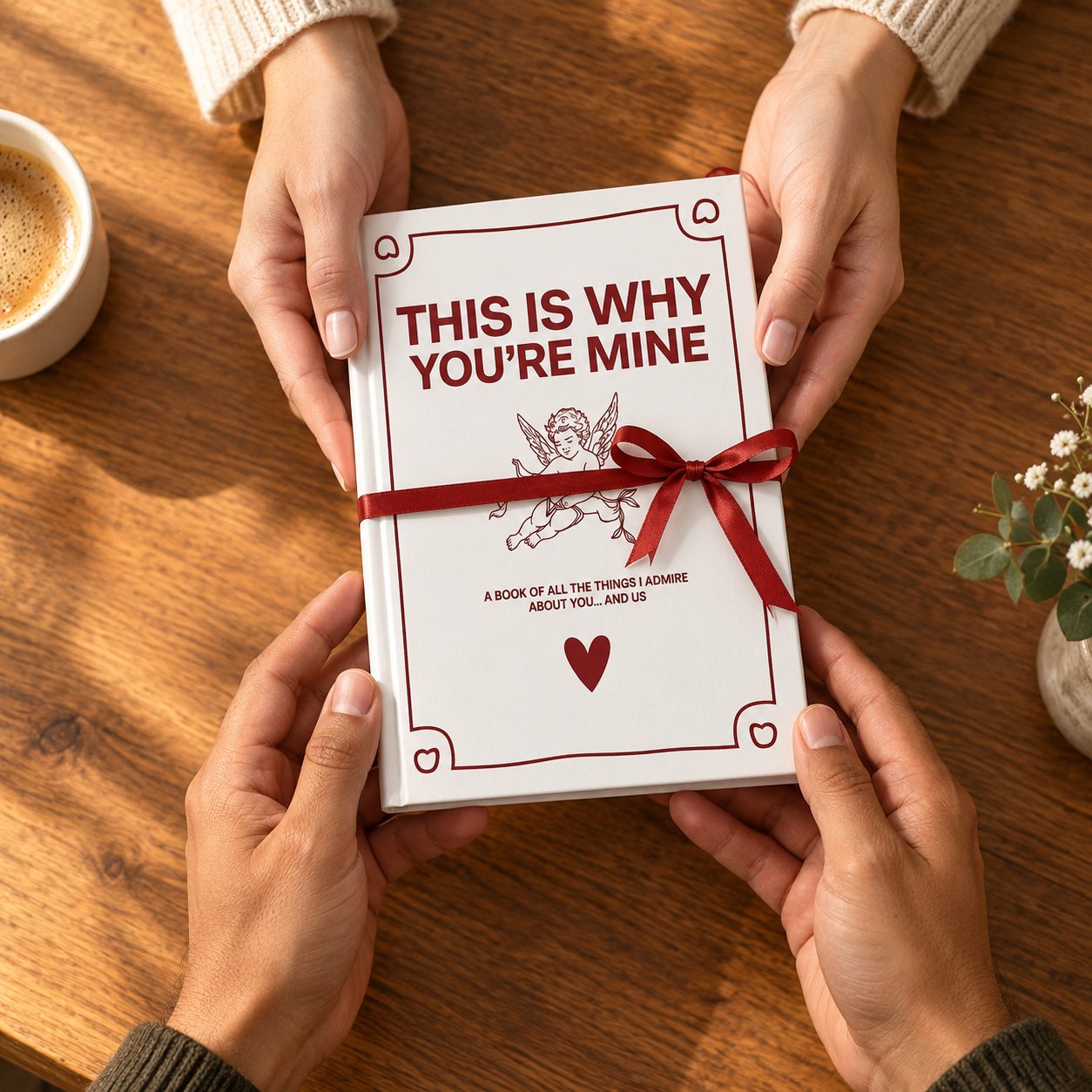 Hands passing the closed Pomence journal tied with a red ribbon to their partner across a table