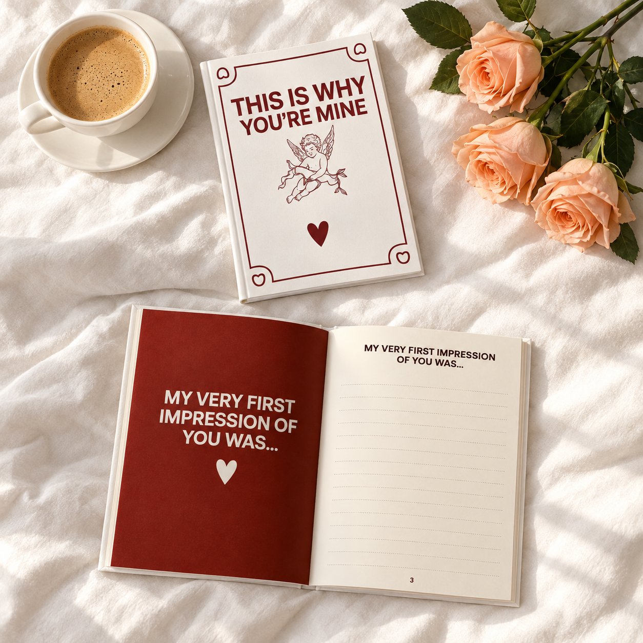 The Pomence journal lying open on white bedding beside peach roses and a coffee cup
