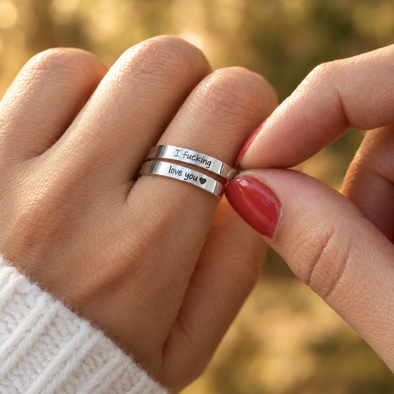An adult hand pinching the open wrap of the Pomence I F♡cking Love You Ring closed to fit the finger