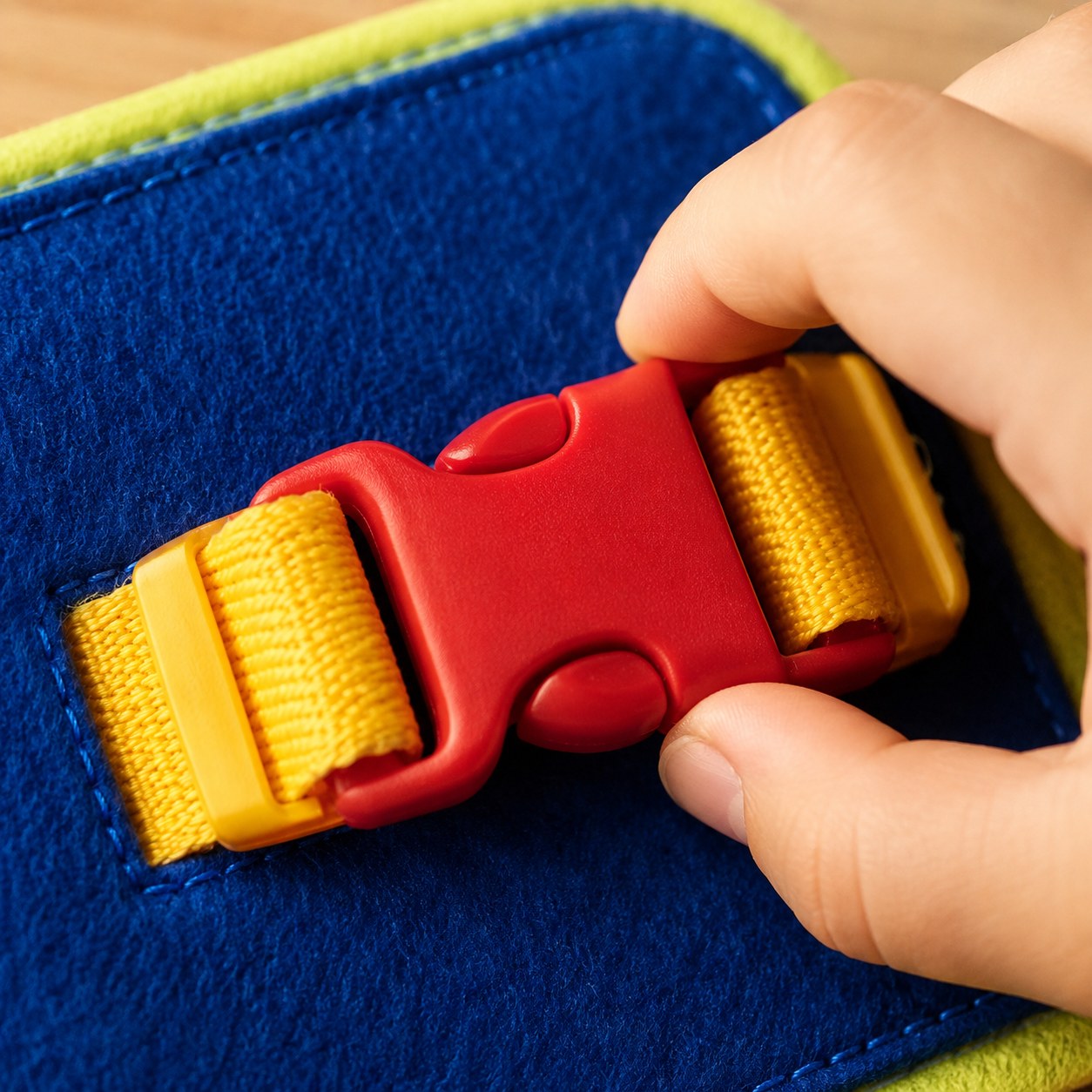 Close-up of a small hand about to press the release tabs on a red and yellow side release buckle on the felt page of the Pomence Montessori Busy Board