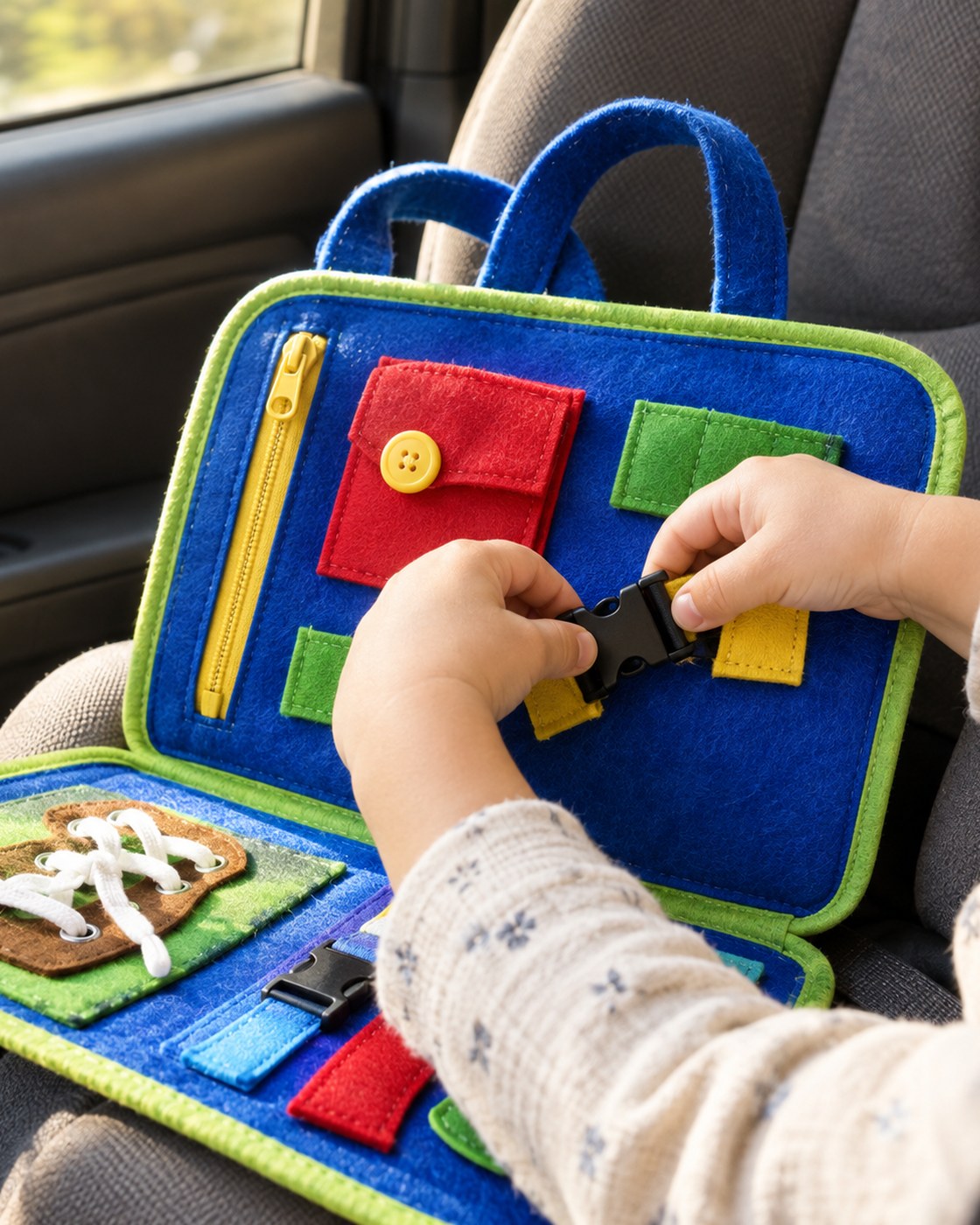 A small pair of hands working a side release buckle on an open felt page of the Pomence Montessori Busy Board in a car back seat