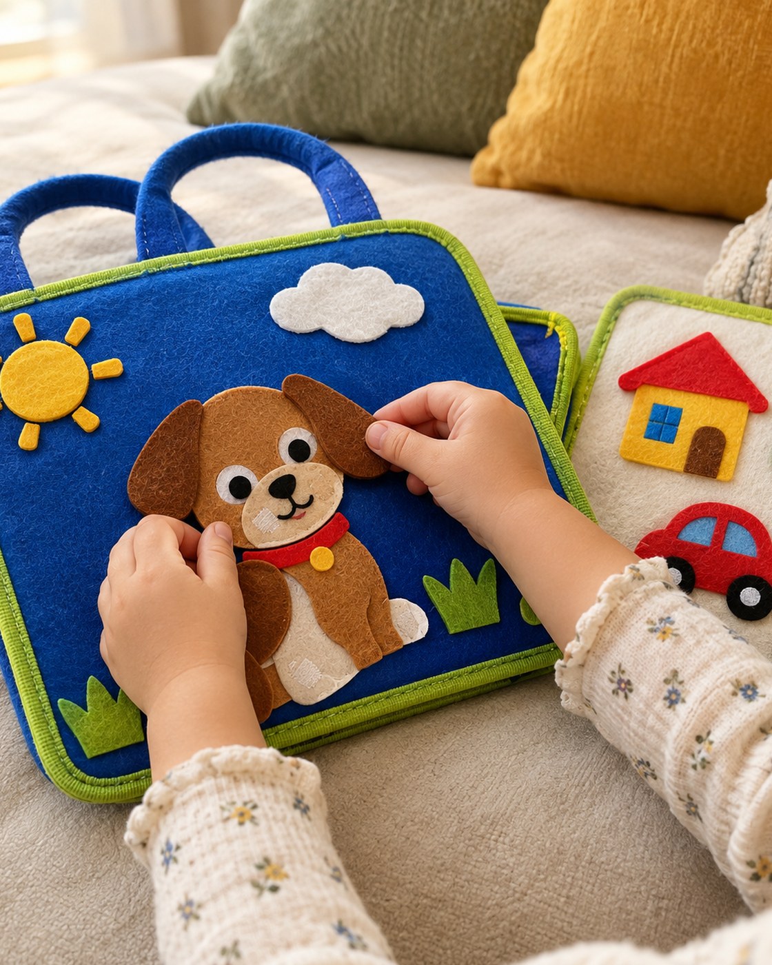 A small pair of hands working the velcro picture puzzle on an open felt page of the Pomence Montessori Busy Board on a cream living room sofa