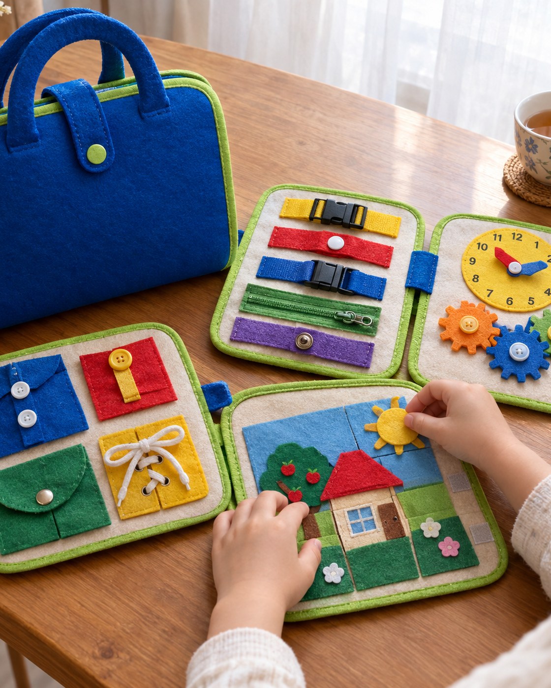 The Pomence Montessori Busy Board at a wooden table with a small pair of hands on one detachable felt page and the other three laid open beside it