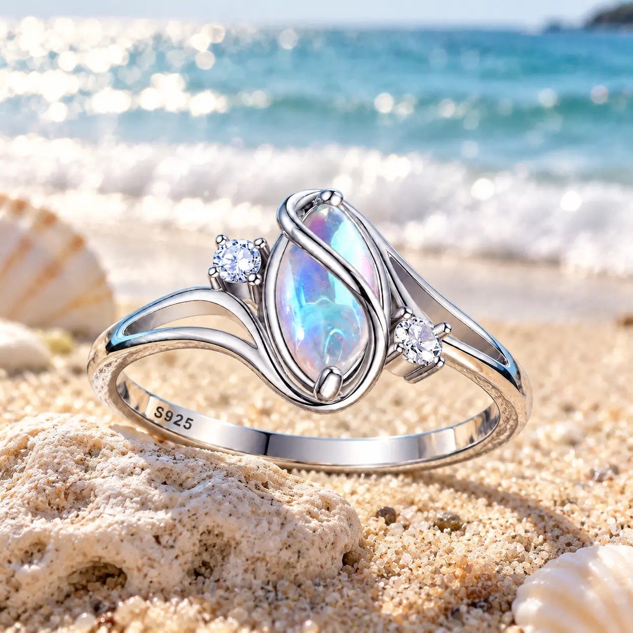 Macro of the marquise moonstone in the Pomence Moonstone Ring showing its blue sheen